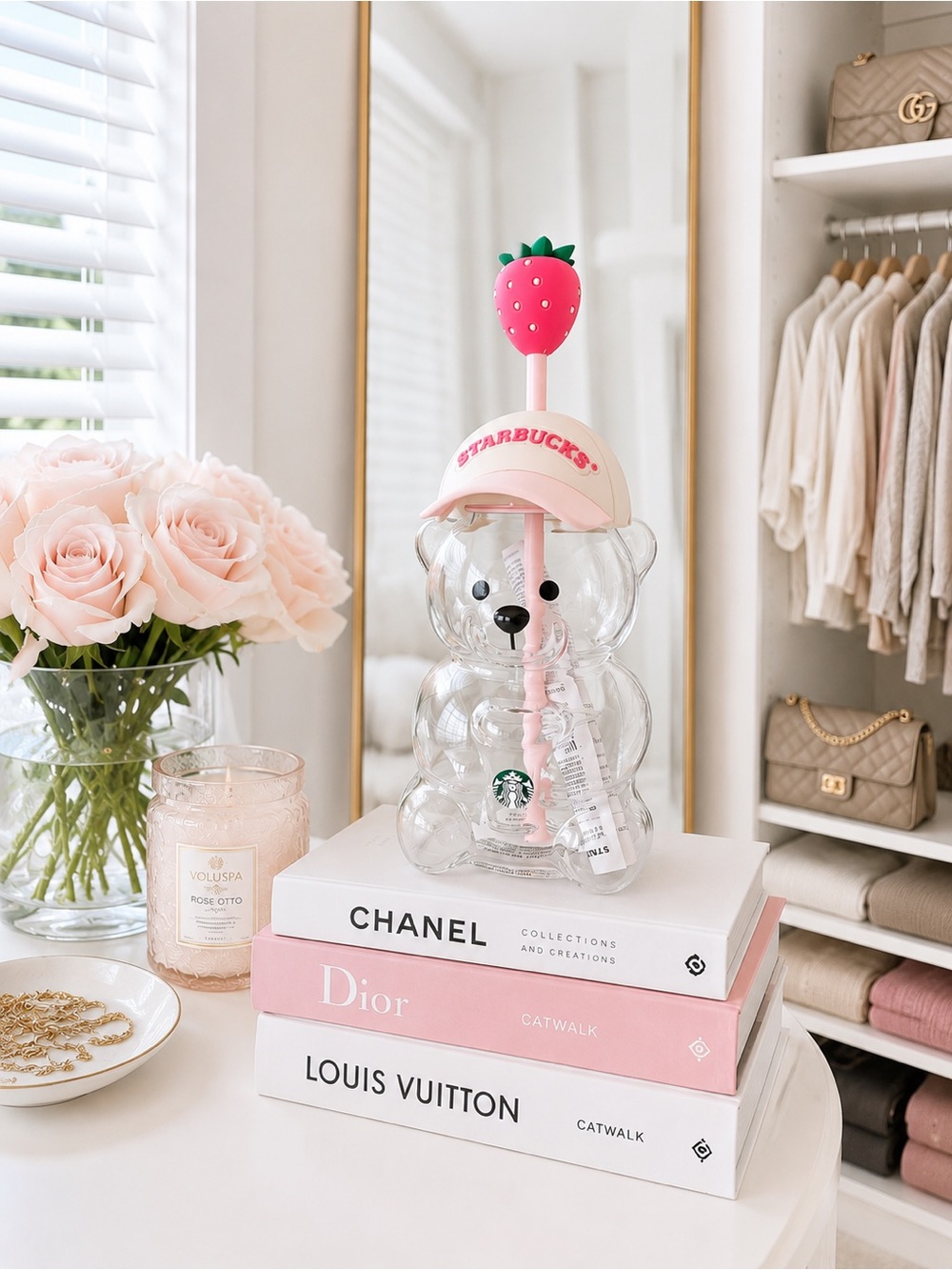 Starbucks Clear Bear Tumbler with Pink Strawberry Topper